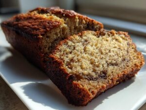 Close-up of a loaf of moist sugar free banana bread, sliced to show the texture, resting on a white rectangular plate.