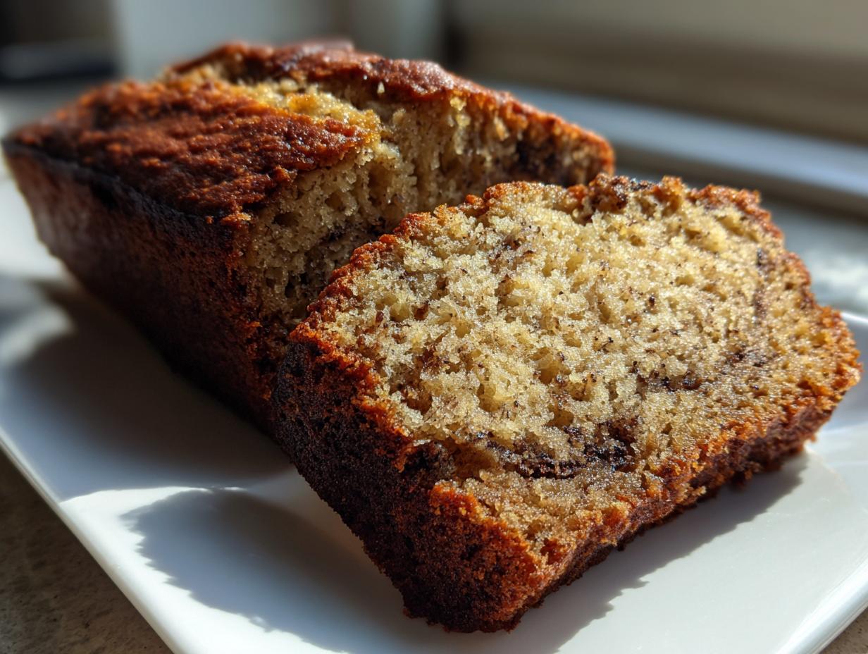 Close-up of a loaf of moist sugar free banana bread, sliced to show the texture, resting on a white rectangular plate.