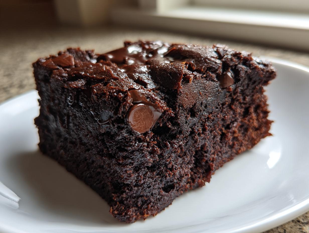 Close-up of a rich, dark, moist slice of sweet potato brownies topped with melted chocolate chips.