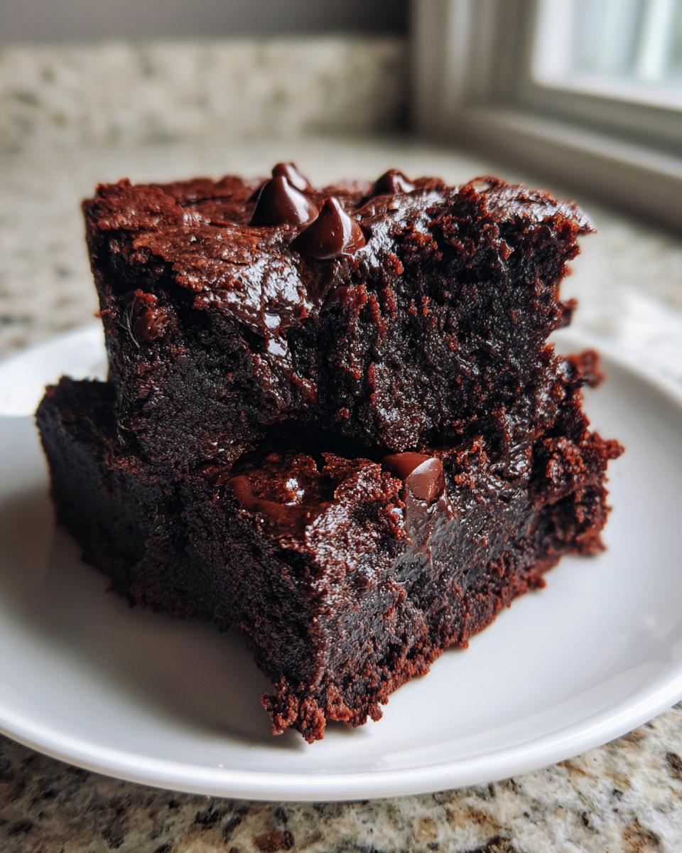 Two rich, fudgy sweet potato brownies stacked on a white plate, topped with melted chocolate chips.