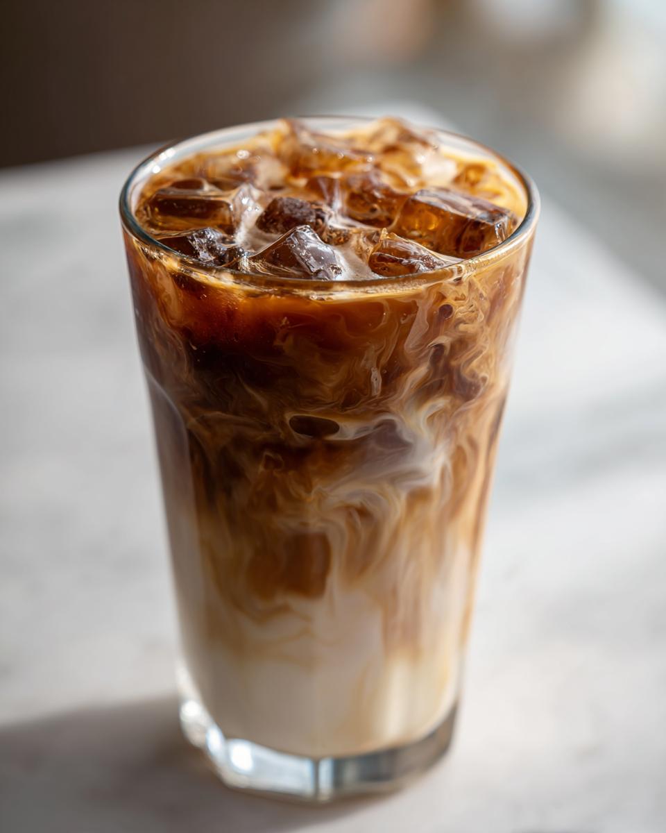 A tall glass of New Orleans style crème brûlée iced coffee with swirls of cream and ice.