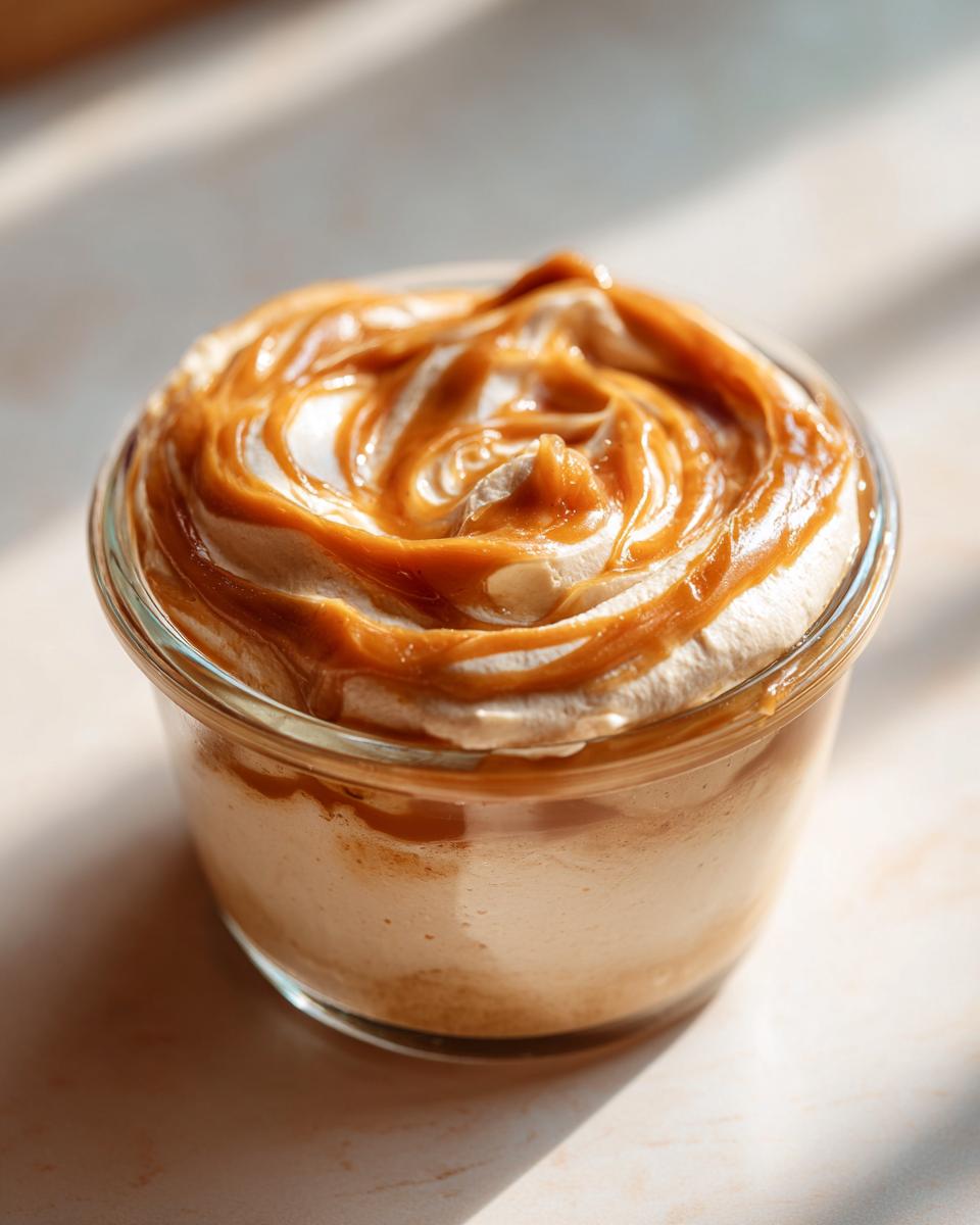 A close-up of a no-bake caramel cream dessert in a glass jar, topped with whipped cream and caramel drizzle.