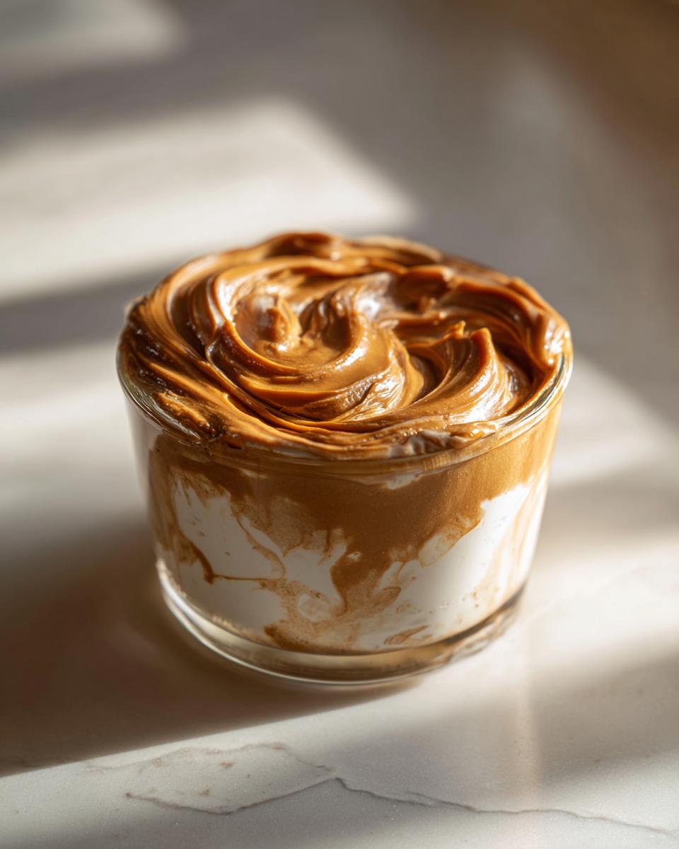 A close-up of a glass filled with creamy white layers topped with swirled no-bake caramel cream.
