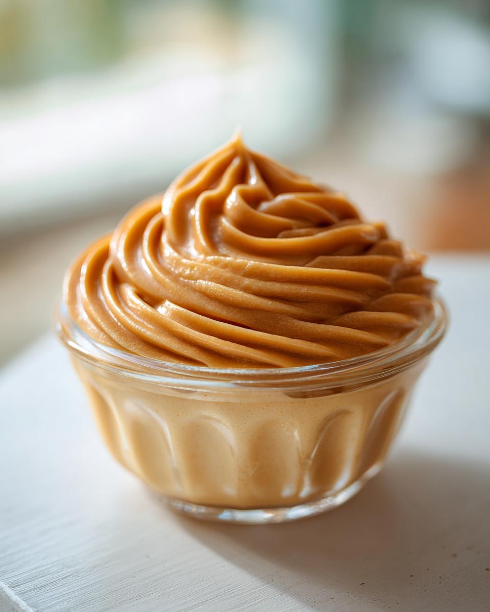 A close-up of swirls of no-bake caramel cream in a glass ramekin.