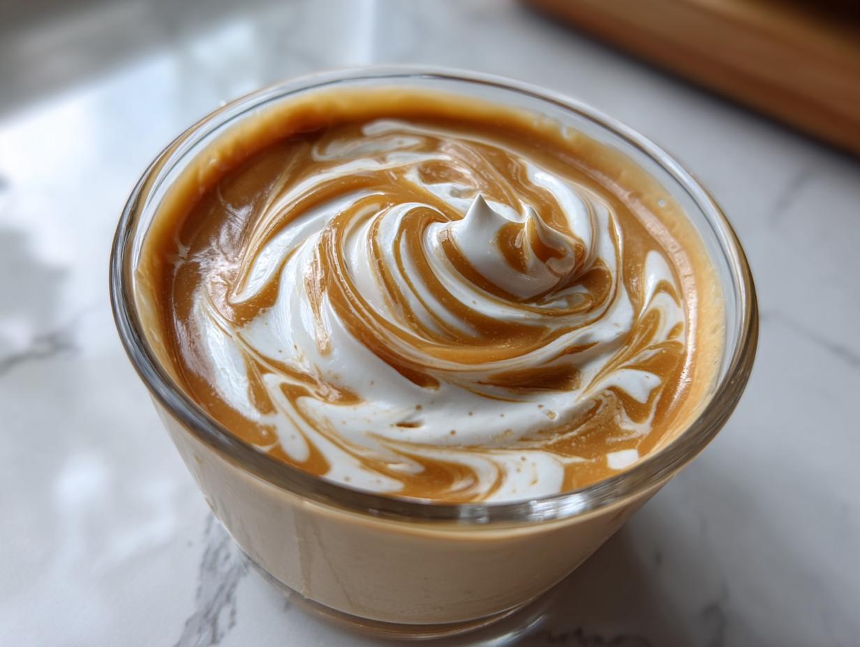 A close-up of a glass bowl filled with no-bake caramel cream dessert, swirled with whipped cream.