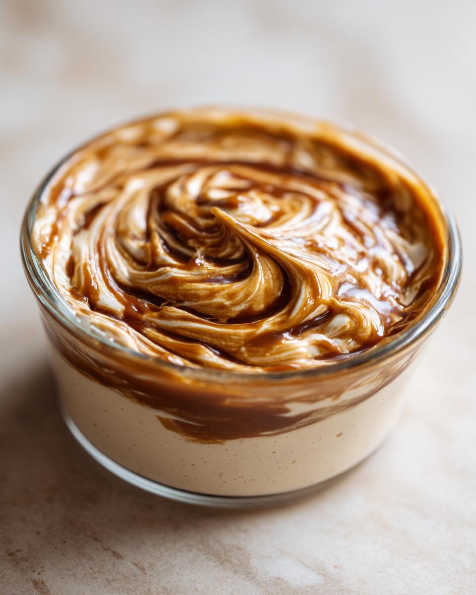 Close-up of a creamy no-bake caramel cream dessert swirled with caramel sauce in a glass bowl.