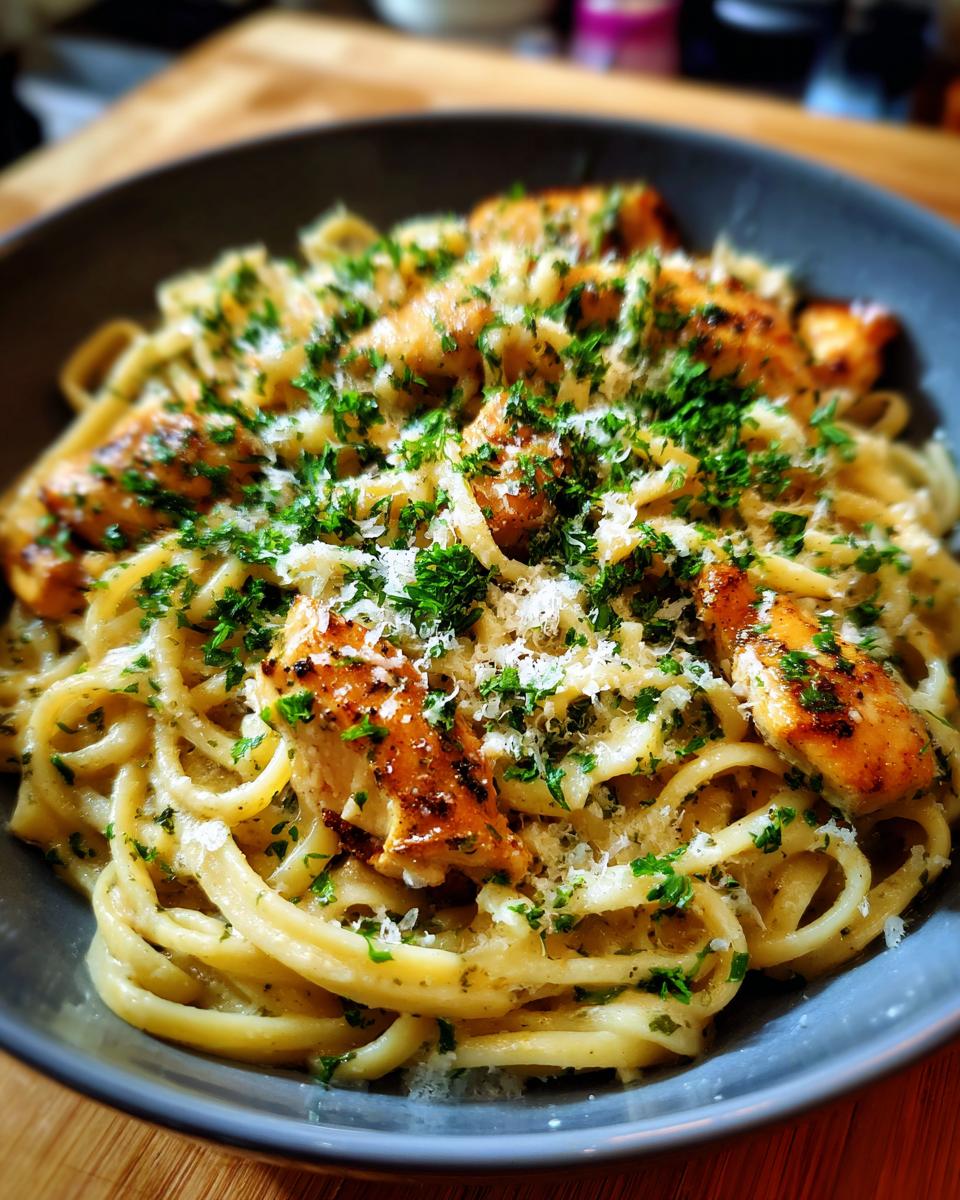 Close-up of delicious one-pan chicken and buttered noodles, garnished with parsley and parmesan cheese.