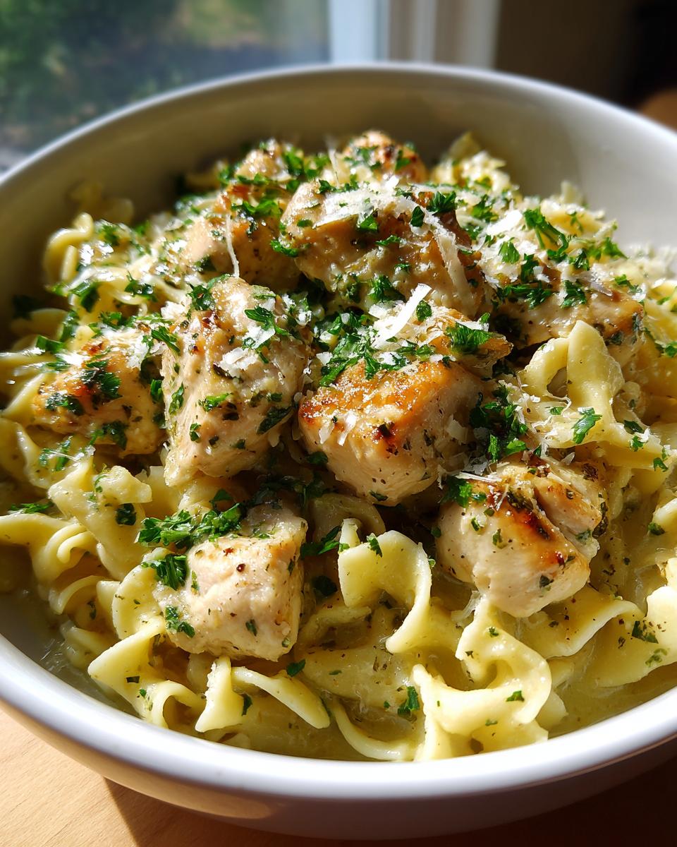 A close-up of a bowl filled with one-pan chicken and buttered noodles, topped with parsley and grated cheese.