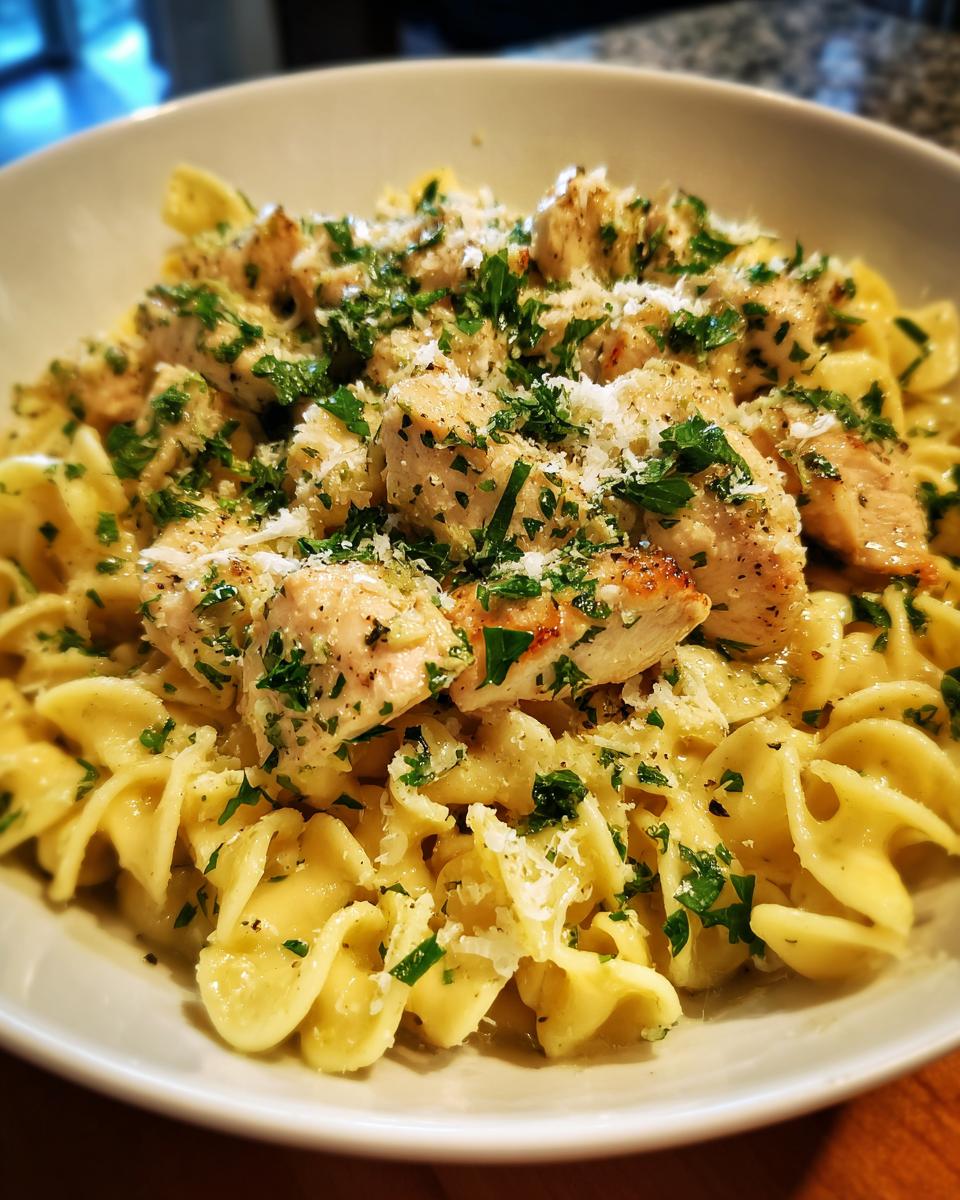 A close-up of a bowl of one-pan chicken and buttered noodles, topped with chopped parsley and grated cheese.