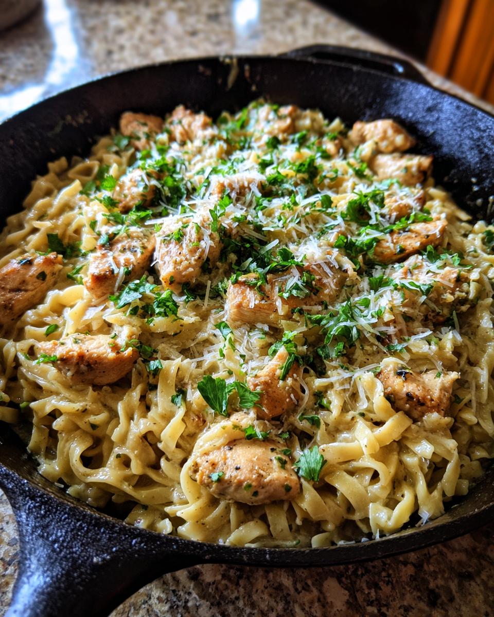 Close-up of one-pan chicken and buttered noodles in a cast iron skillet, topped with parsley and parmesan.