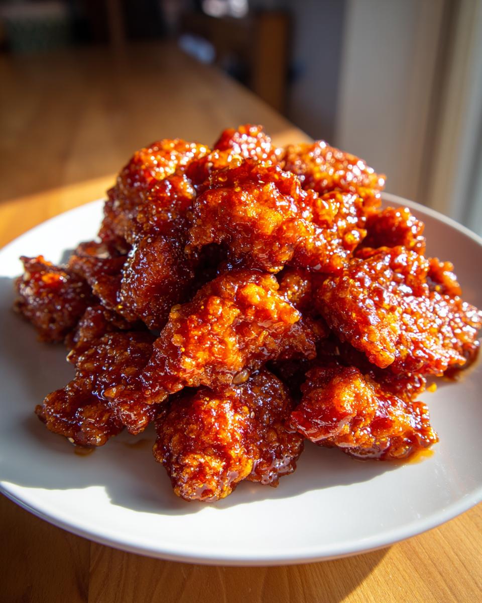 Close-up of crispy chicken pieces generously coated in a thick, glossy sauce for an orange chicken recipe.