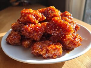 A pile of crispy, glazed pieces of orange chicken recipe coated in a shiny, reddish-orange sauce and sprinkled with sesame seeds.