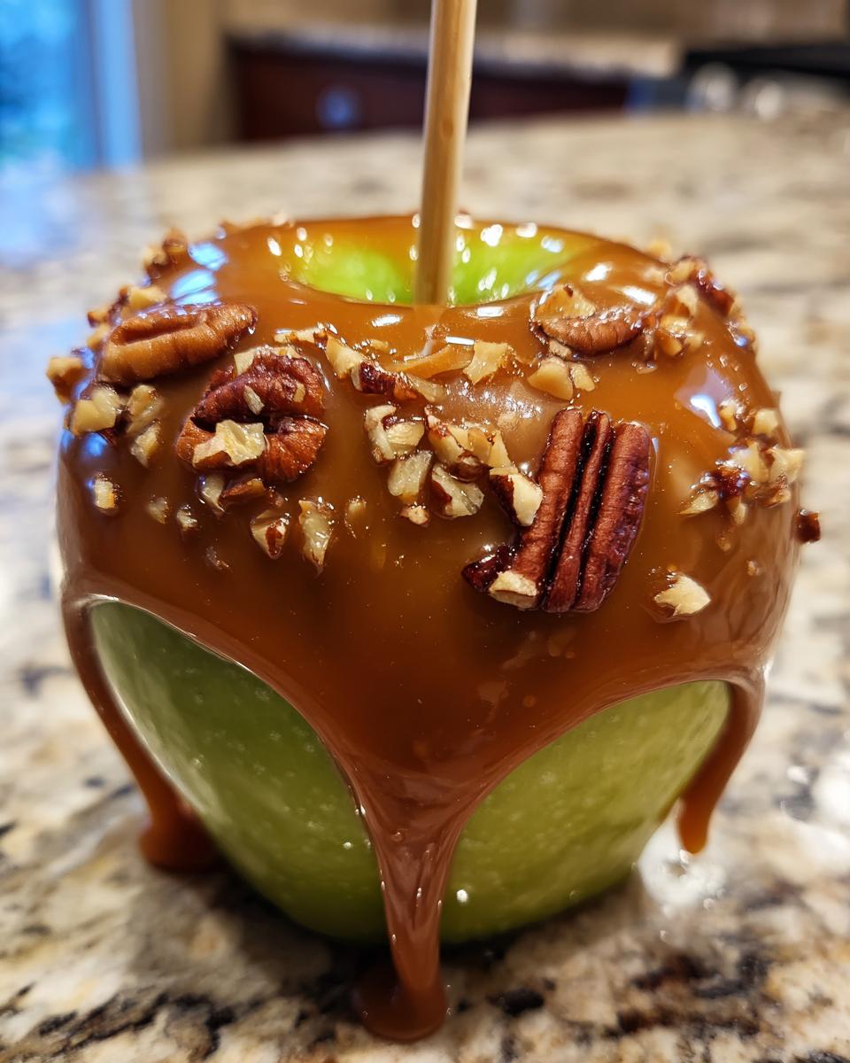 A green apple coated in thick caramel and topped with pecans, ready to eat, a perfect caramel apple.