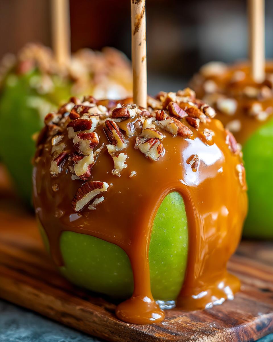 A close-up of a bright green caramel apple dipped in thick caramel sauce and covered with chopped pecans, featuring a wooden stick.