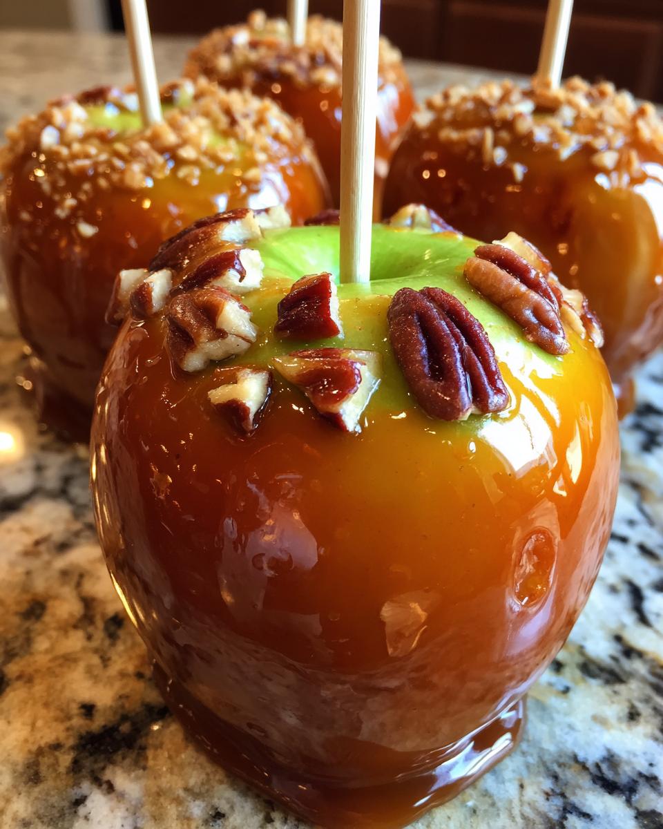 Close-up of a glossy caramel apple topped with chopped pecans, resting on a speckled granite surface.