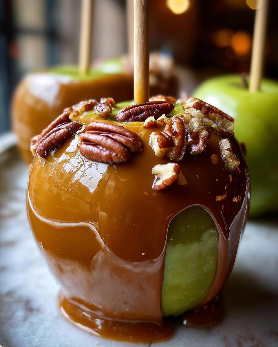 Close-up of a glossy caramel apple topped with pecans, showing the green apple underneath the thick caramel coating.