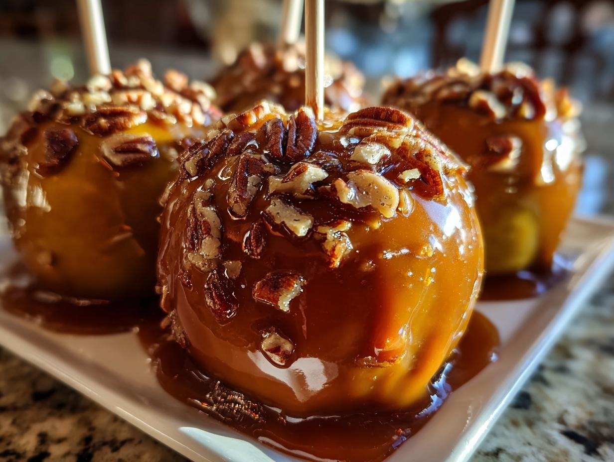 Close-up of a glossy caramel apple generously topped with chopped pecans, ready to eat.