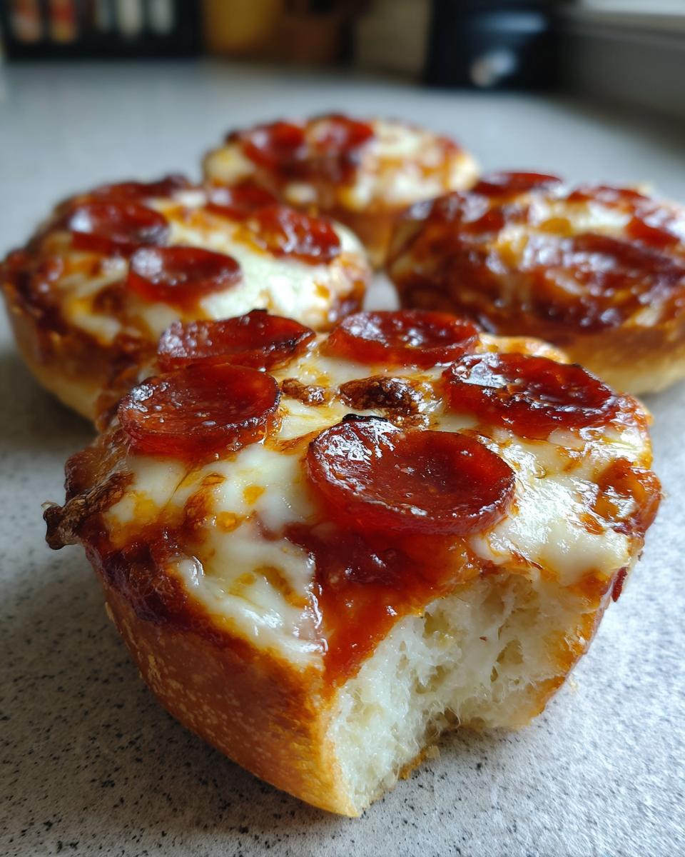 A close-up of a freshly baked pepperoni english muffin pizza with melted cheese, showing a bite taken out of the fluffy base.