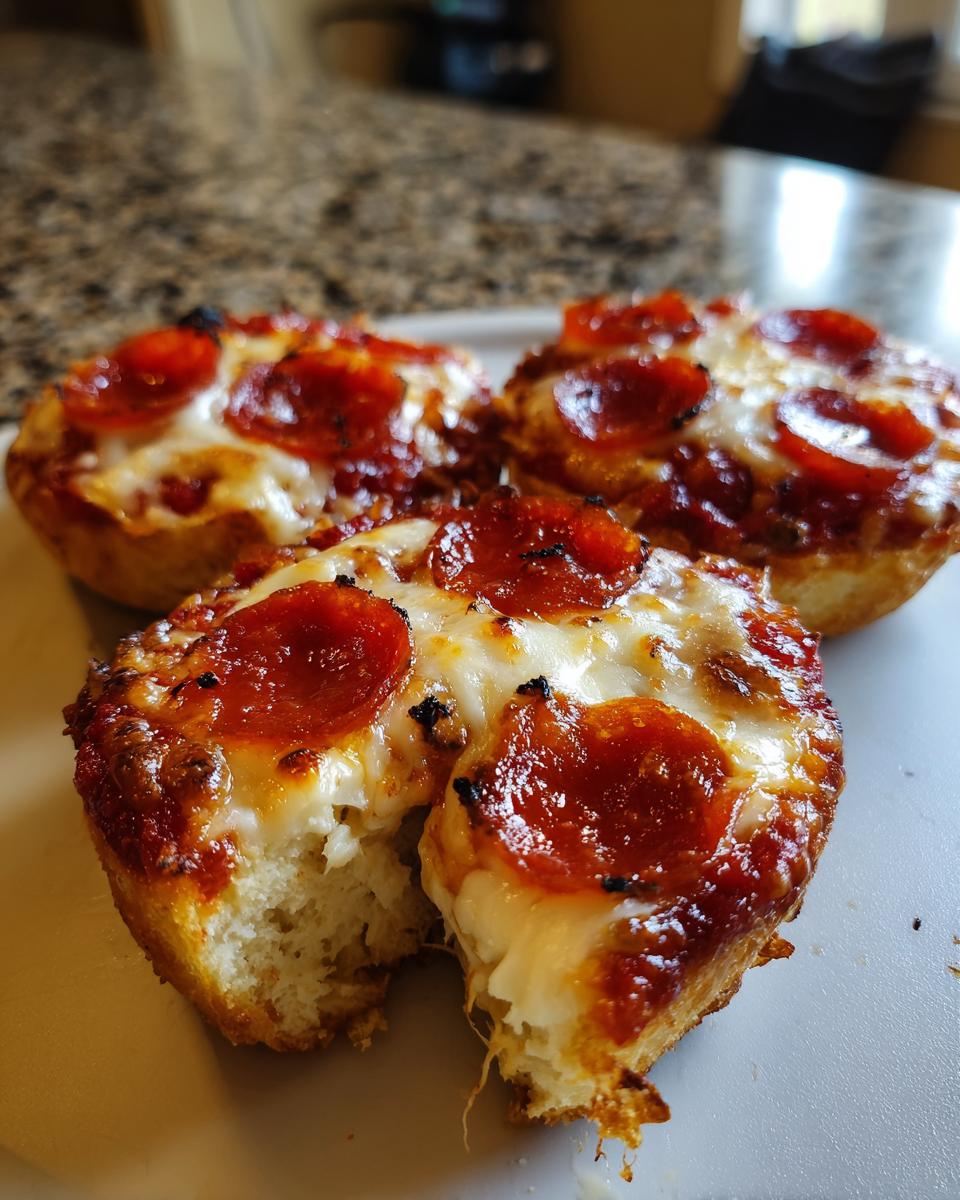 Three freshly baked pepperoni english muffin pizza halves, one with a bite taken out showing melted cheese.