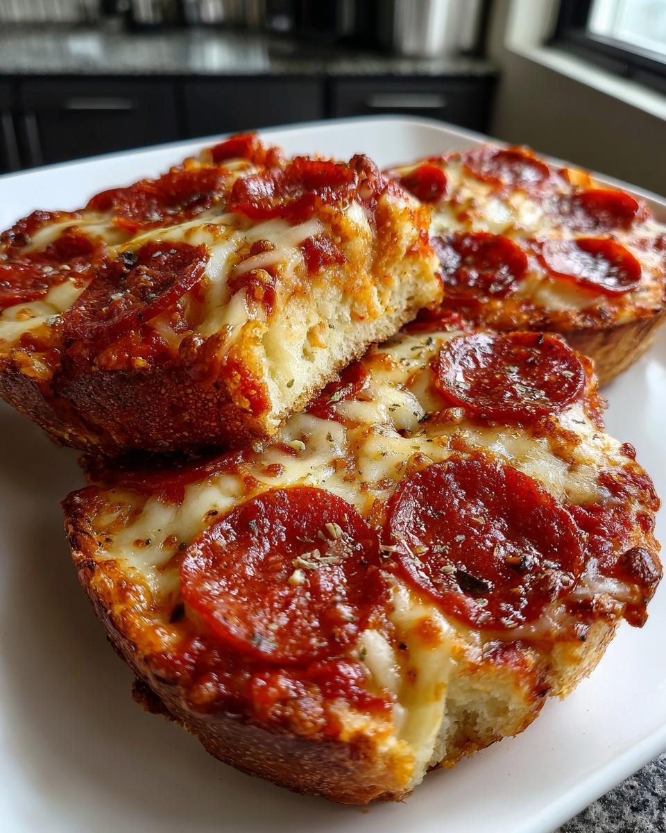 Three halves of pepperoni english muffin pizza, topped with melted cheese and herbs, served on a white plate.