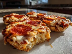 Four freshly baked pepperoni english muffin pizza halves with bubbly, melted cheese on a white cutting board.