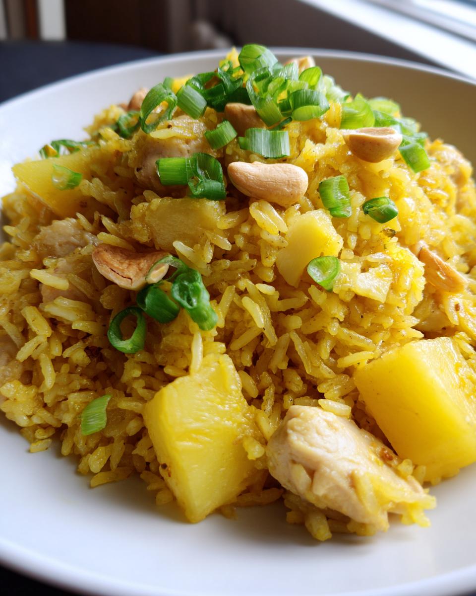 A close-up of vibrant yellow pineapple fried rice topped with cashews, chunks of pineapple, and sliced green onions.