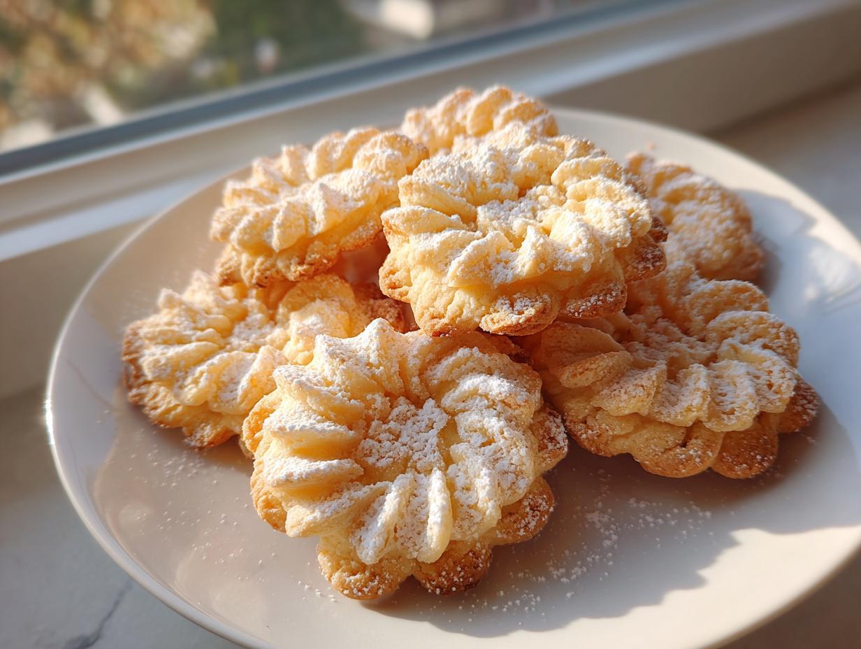 A plate of freshly baked piped butter cookie treats dusted generously with powdered sugar, sitting by a window.