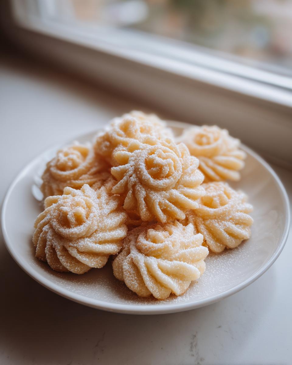 A plate of freshly baked, piped butter cookie roses dusted lightly with powdered sugar.