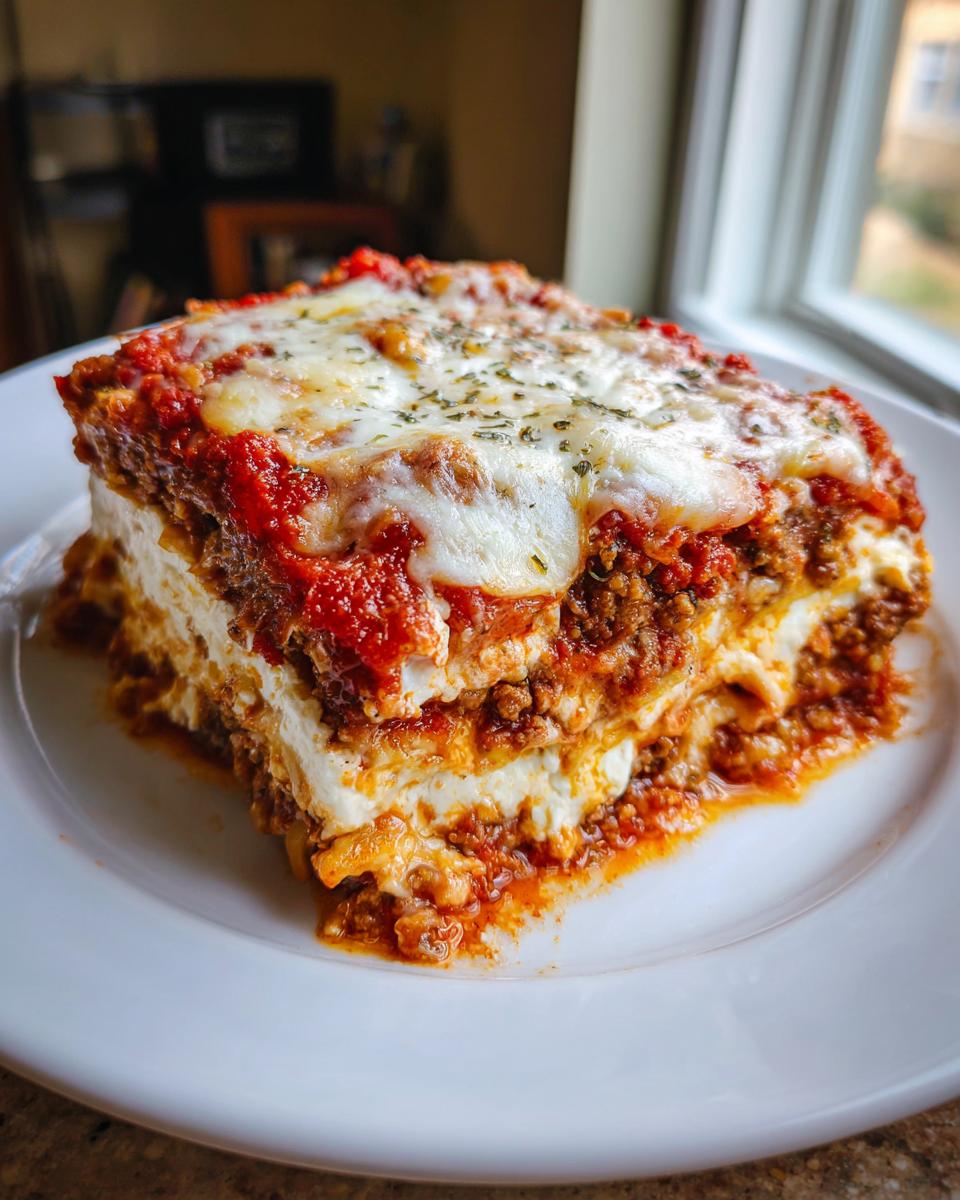 A delicious slice of Pizza-style Cottage Cheese Bake with layers of meat sauce, creamy filling, and melted cheese.