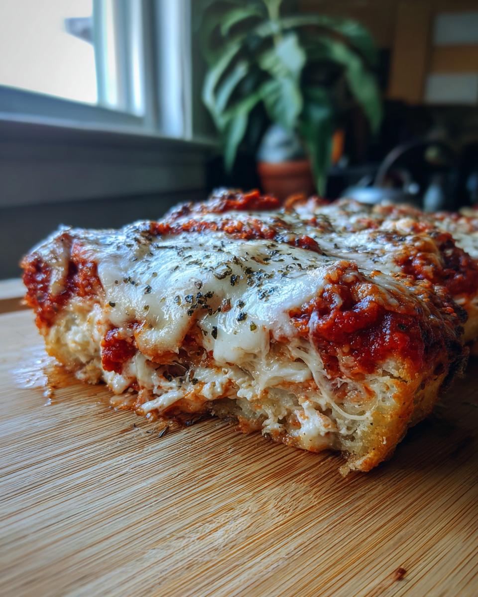 A close-up of a slice of Pizza-style Cottage Cheese Bake, showing layers of cheese, sauce, and bread.