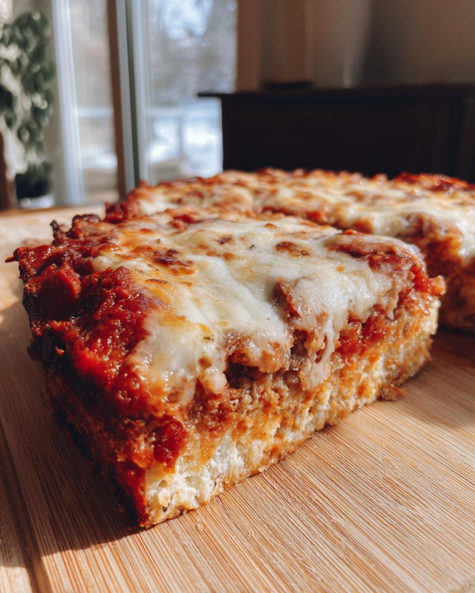 A delicious slice of Pizza-style Cottage Cheese Bake with melted cheese and rich tomato sauce.