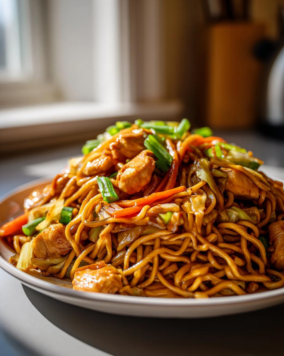 A close-up of a generous serving of chicken chow mein recipe noodles mixed with vegetables and garnished with green onions.