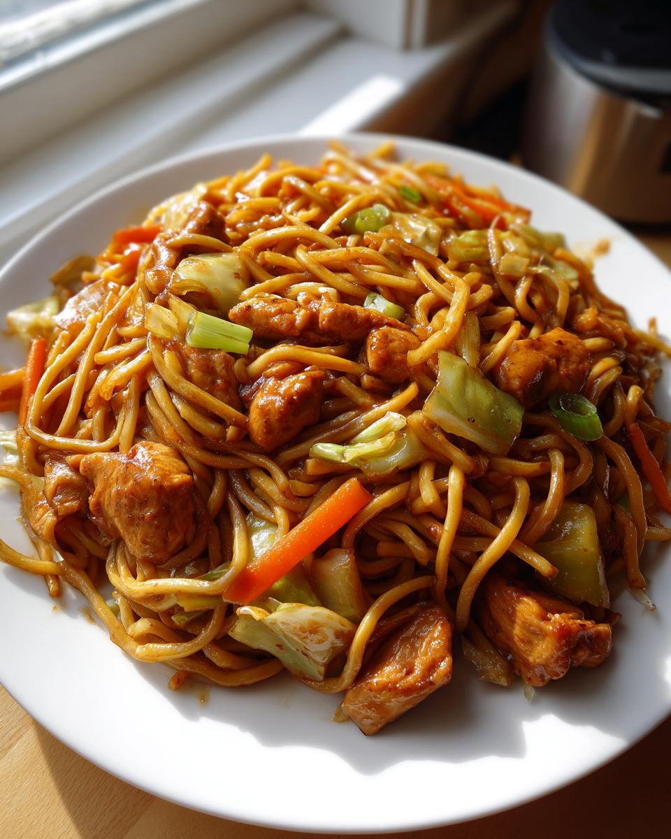 A close-up of a white plate piled high with homemade chicken chow mein recipe, featuring noodles, chicken pieces, cabbage, and carrots.