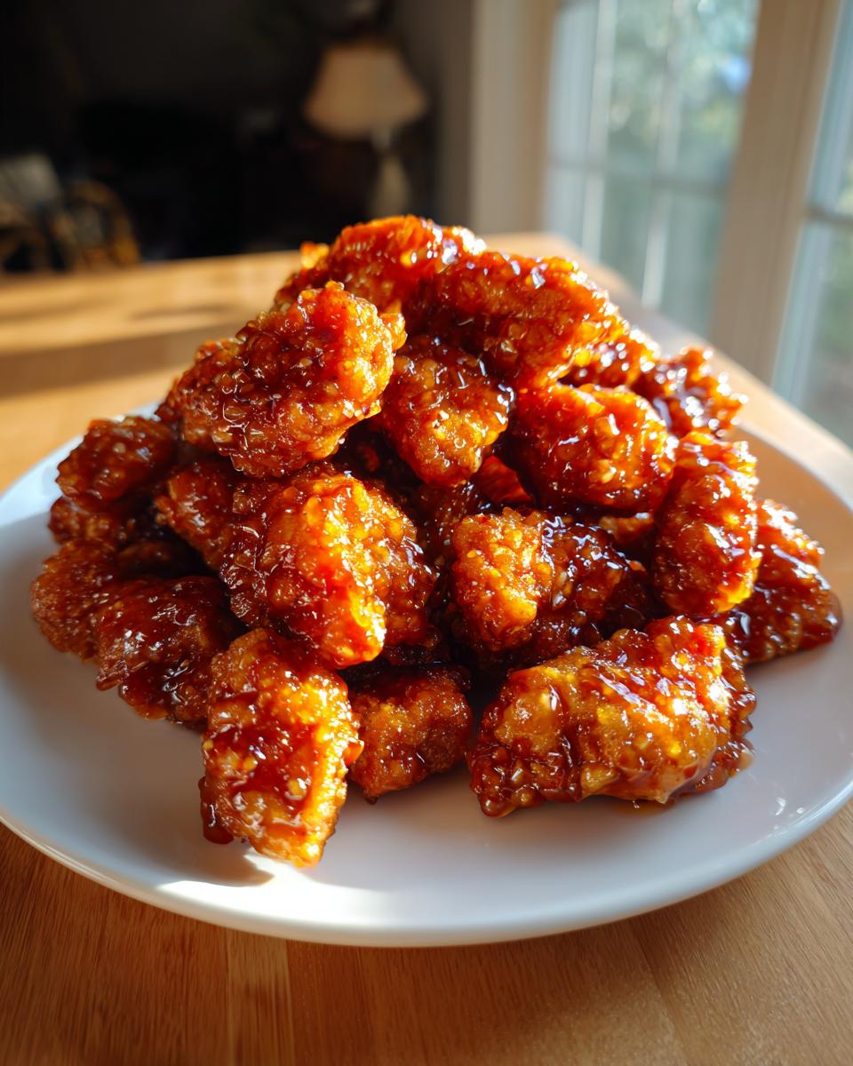 A pile of crispy, glazed pieces of orange chicken recipe piled high on a white plate.