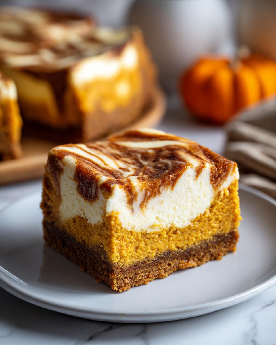 A close-up of a single slice of pumpkin cheesecake bars, featuring a graham cracker crust, pumpkin layer, and cream cheese swirl topping.