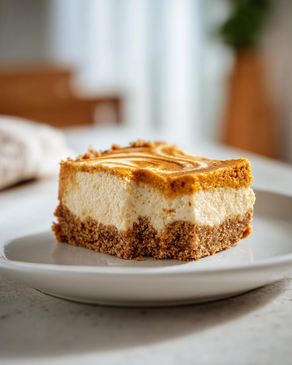 A close-up of a single slice of pumpkin cheesecake bars on a white plate, showing the creamy filling and graham cracker crust.