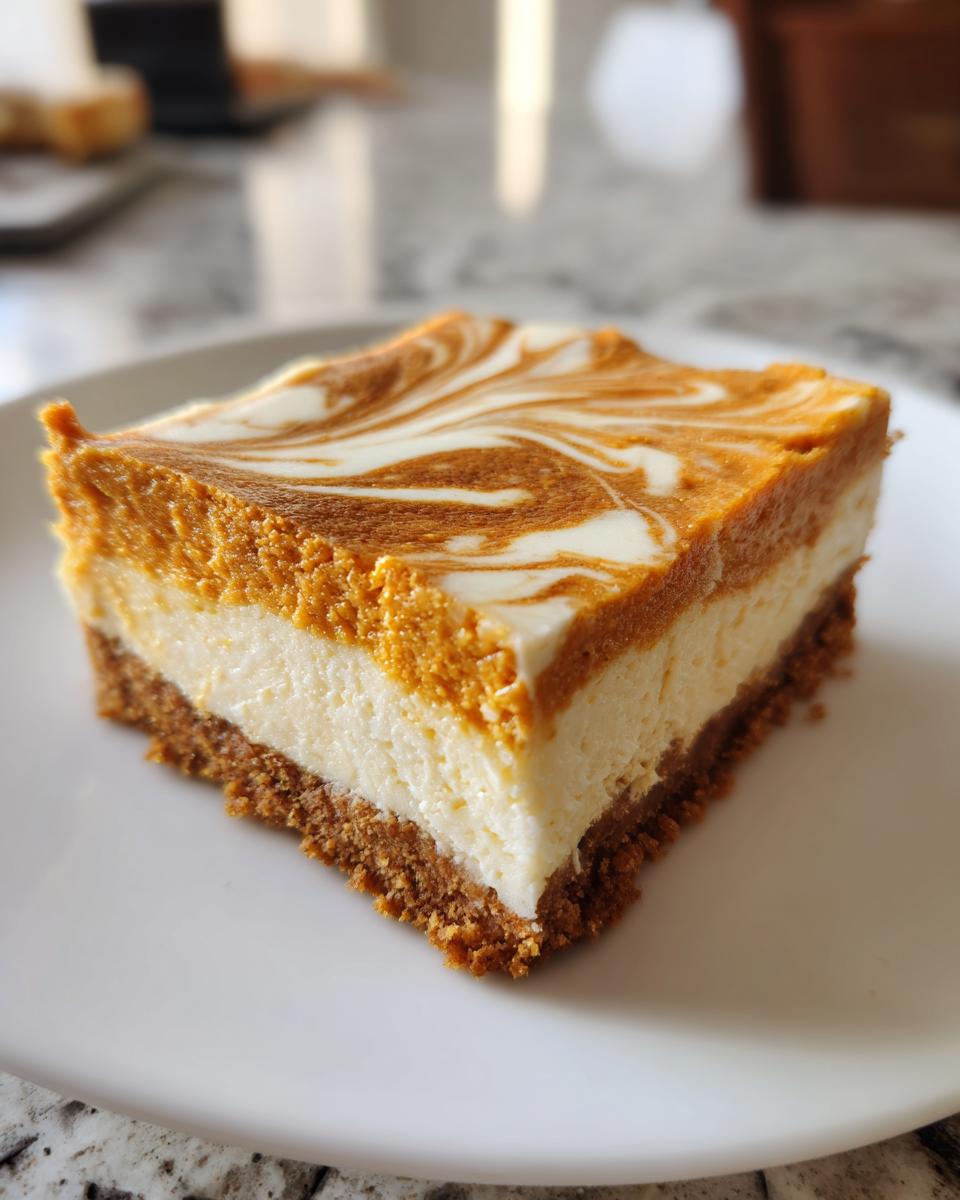 A single slice of pumpkin cheesecake bars with a graham cracker crust and swirled pumpkin topping.