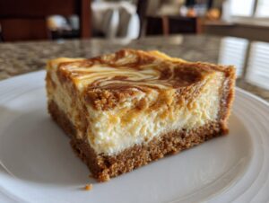 A close-up of a single slice of pumpkin cheesecake bars on a white plate, showing the swirled pumpkin and cream cheese layers.