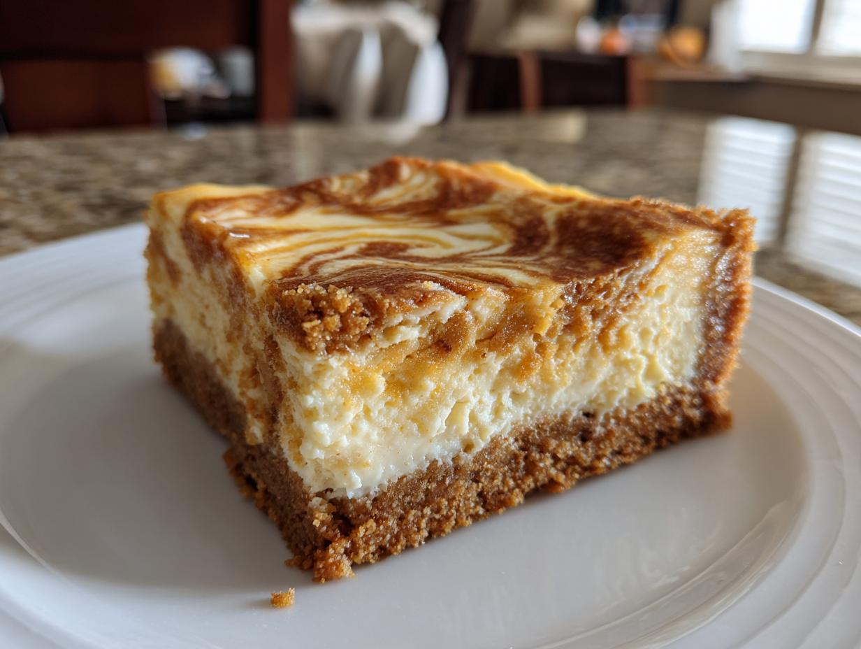 A close-up of a single slice of pumpkin cheesecake bars on a white plate, showing the swirled pumpkin and cream cheese layers.
