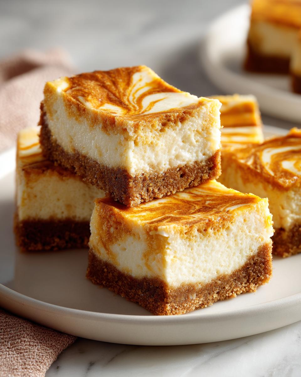 A close-up stack of delicious pumpkin cheesecake bars with a graham cracker crust and swirled pumpkin topping.