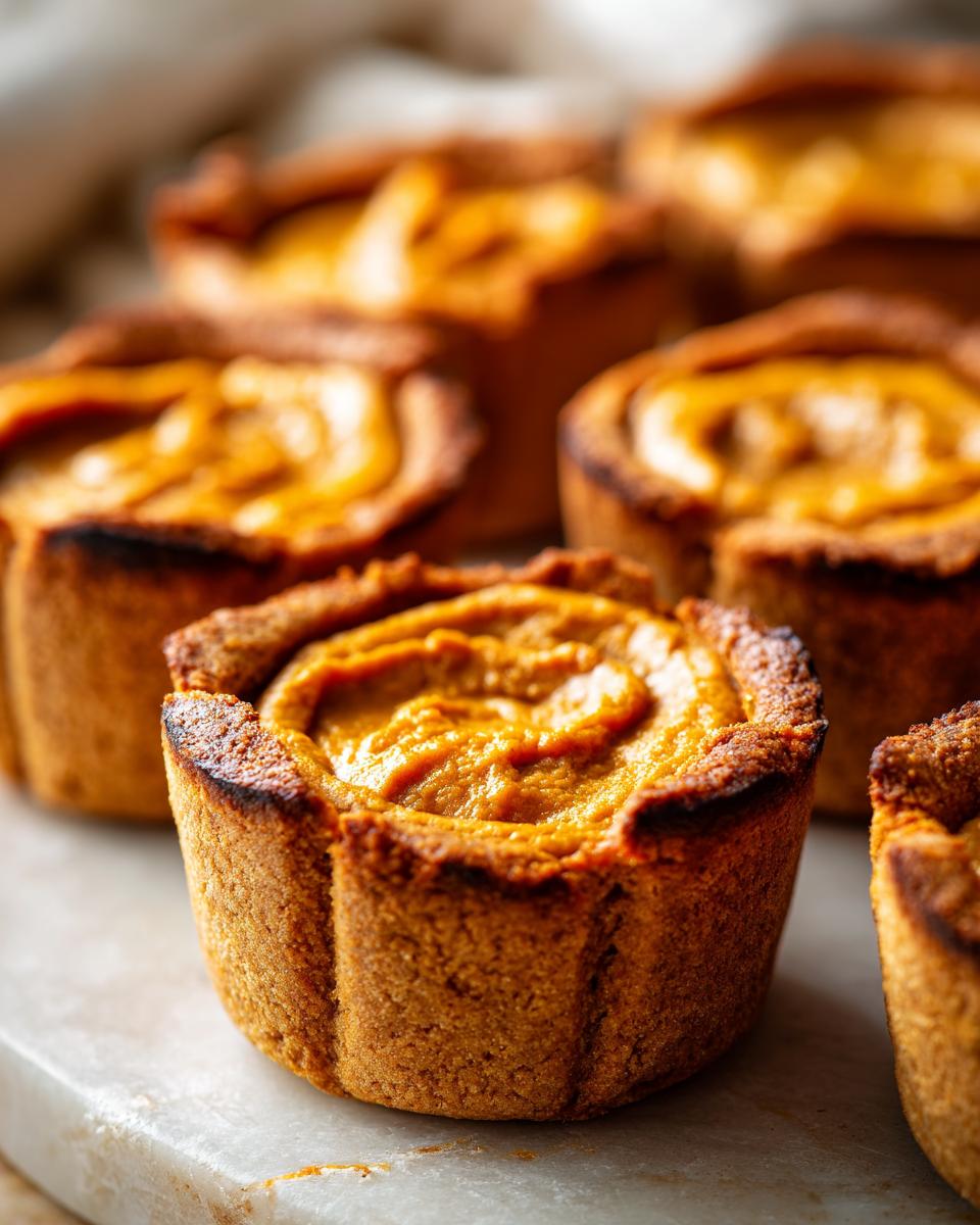 Close-up of freshly baked pumpkin pie cookies with a swirl of pumpkin filling.
