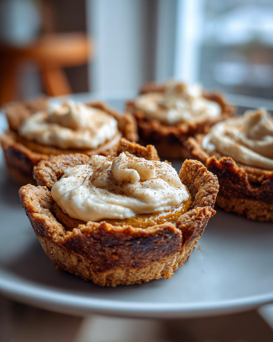 Close-up of several delicious pumpkin pie cookies topped with creamy frosting and a sprinkle of cinnamon.