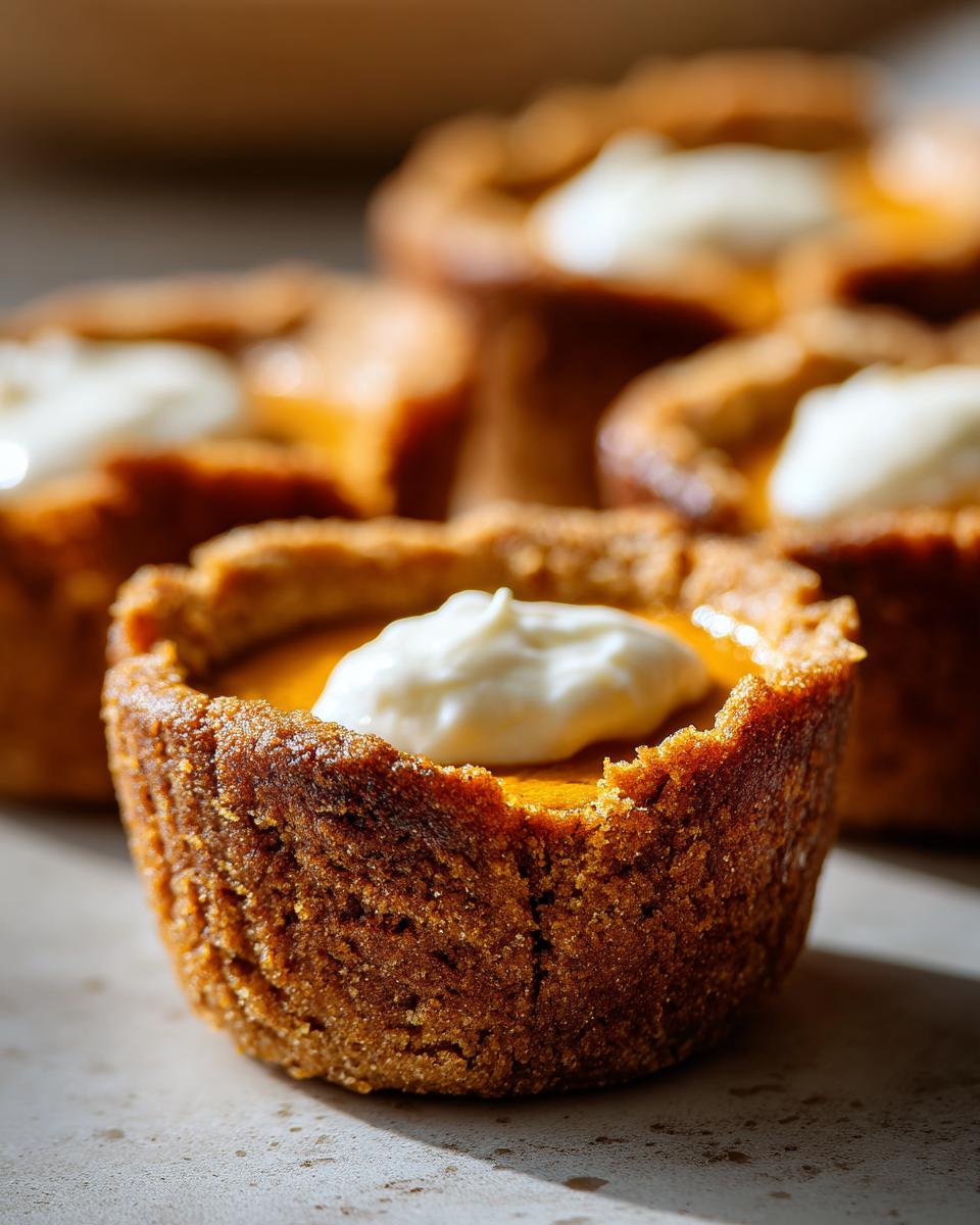 Close-up of a pumpkin pie cookie topped with whipped cream, with more pumpkin pie cookies in the background.