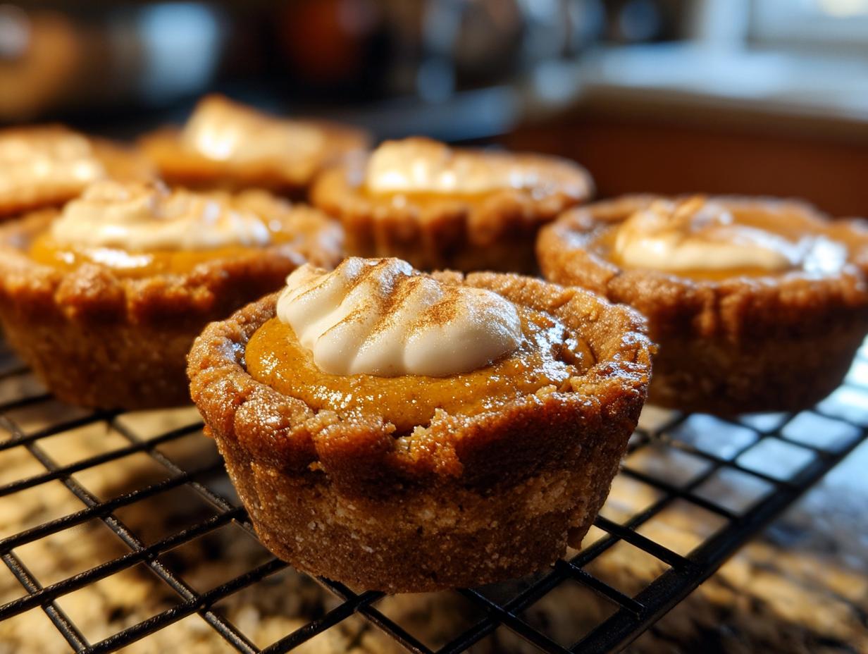Close-up of freshly baked pumpkin pie cookies topped with whipped cream and cinnamon.