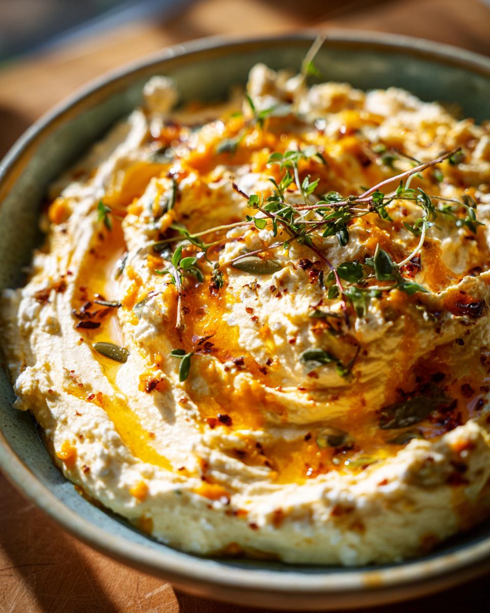 Close-up of a bowl of creamy Pumpkin Whipped Feta Dip, drizzled with olive oil and topped with fresh herbs and chili flakes.