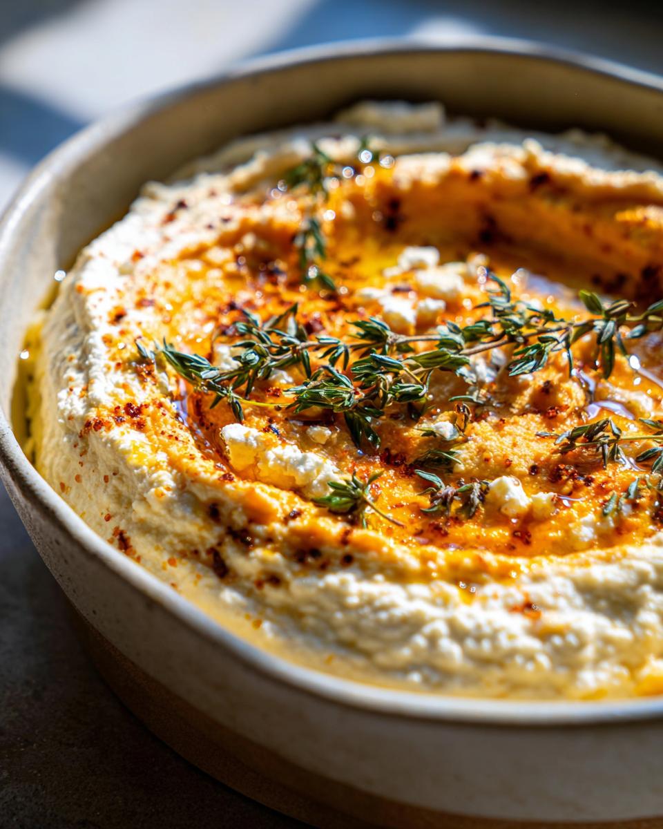 Close-up of a bowl of Pumpkin Whipped Feta Dip, drizzled with olive oil and sprinkled with herbs and spices.