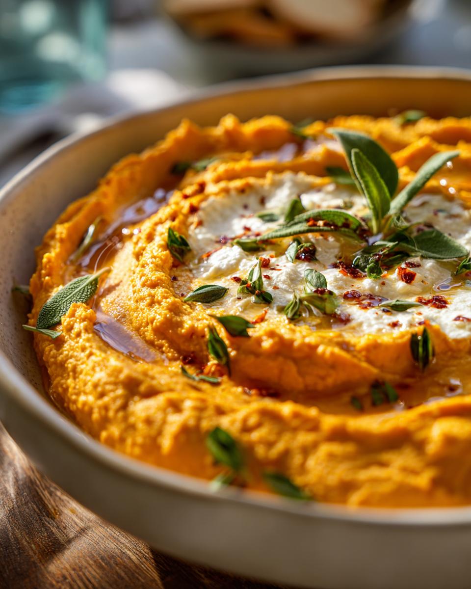 Close-up of a creamy Pumpkin Whipped Feta Dip topped with fresh herbs, chili flakes, and olive oil.