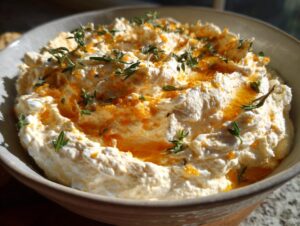 Close-up of a bowl of Pumpkin Whipped Feta Dip, topped with fresh thyme and orange zest.