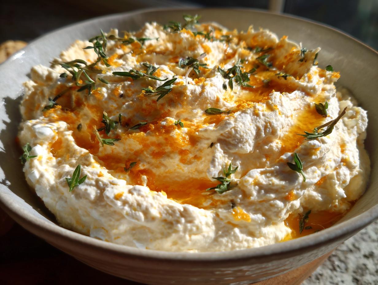 Close-up of a bowl of Pumpkin Whipped Feta Dip, topped with fresh thyme and orange zest.