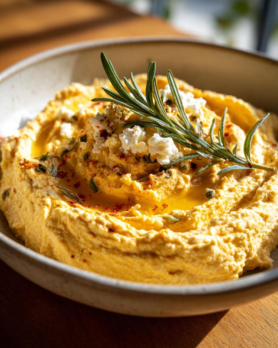 Close-up of creamy Pumpkin Whipped Feta Dip topped with feta cheese, rosemary, and paprika.